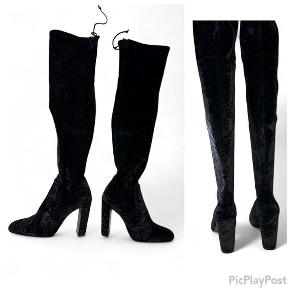 Stuart Weitzman Black Vidaland 100 Over the Knee Crushed Velvet Boots 7 NWOB - Picture 1 of 16